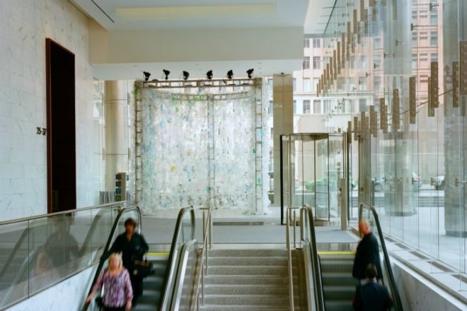 Waterfall Horseshoe, Katherine Harvey, plastic, garbage, eco art, green art, recycled materials,