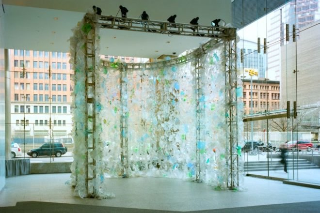 Waterfall Horseshoe, Katherine Harvey, plastic, garbage, eco art, green art, recycled materials,