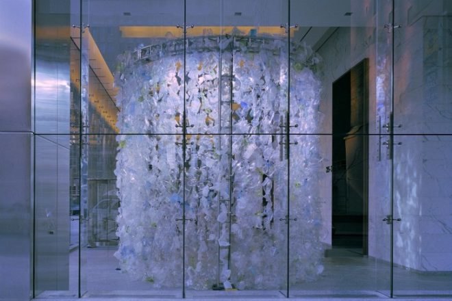 Waterfall Horseshoe, Katherine Harvey, plastic, garbage, eco art, green art, recycled materials,