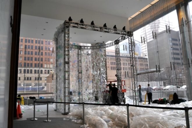 Waterfall Horseshoe, Katherine Harvey, plastic, garbage, eco art, green art, recycled materials,
