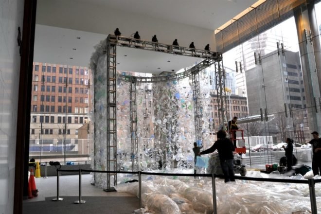 Waterfall Horseshoe, Katherine Harvey, plastic, garbage, eco art, green art, recycled materials,