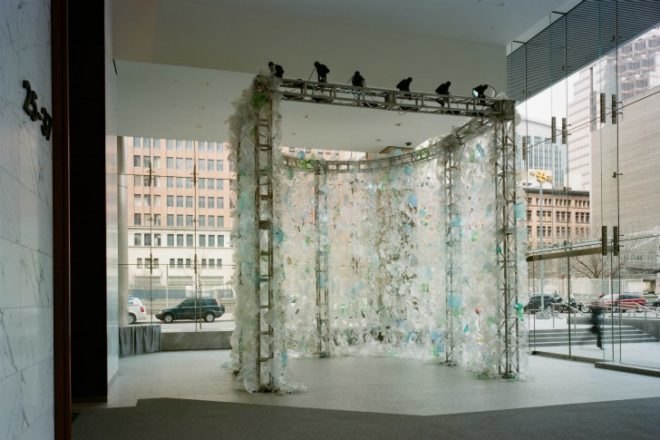 Waterfall Horseshoe, Katherine Harvey, plastic, garbage, eco art, green art, recycled materials,