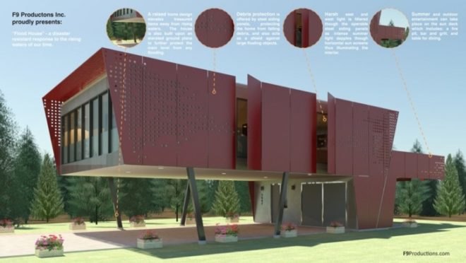 disaster proof design, green design, eco-design, sustainable development, flood plain, natural disasters, rainwater harvest, solar power, daylighting
