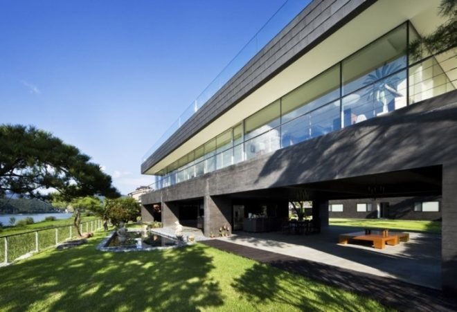 daylighting, green roof, green design, eco-design, sustainable design, south korea, floating house, bukhan river, feng shui, black concrete, hyunjoon yoo
