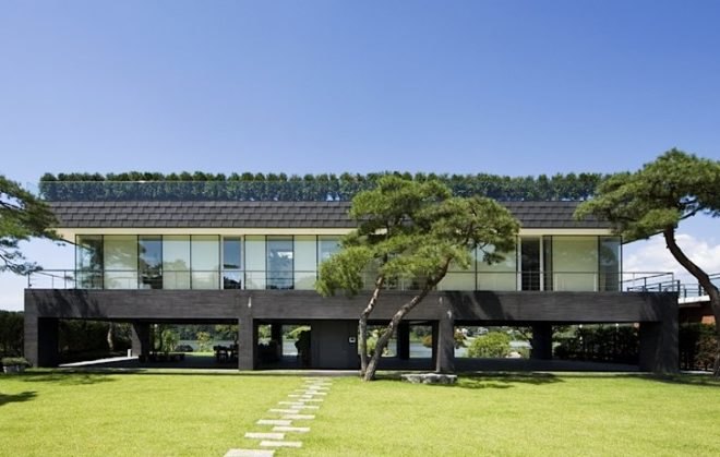 daylighting, green roof, green design, eco-design, sustainable design, south korea, floating house, bukhan river, feng shui, black concrete, hyunjoon yoo