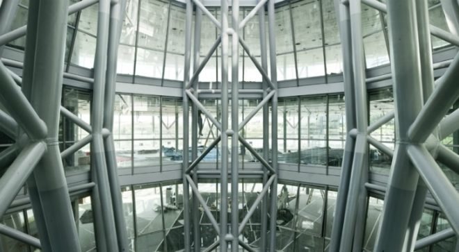 iGuzzini Headquarters, Mias Arquitectes, Barcelona, shade screen, fabric shade screen, spherical building, eco office