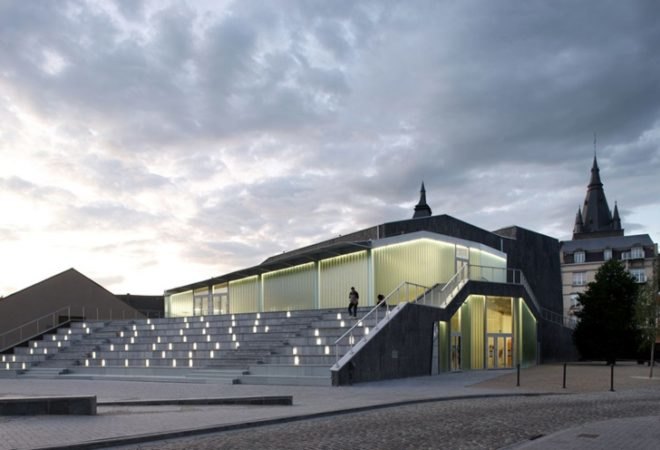 Belgium public plaza, local building materials, L’Escaut Architects, BE Weinand, green building, eco building, belgium green building, green roof, public space, green performance hall, eco public space, contemporary green design,