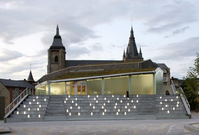 Belgium public plaza, local building materials, L’Escaut Architects, BE Weinand, green building, eco building, belgium green building, green roof, public space, green performance hall, eco public space, contemporary green design,