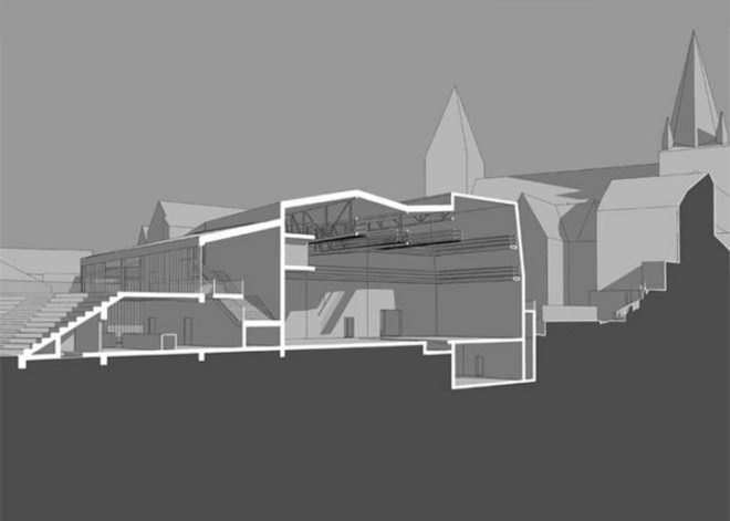 Belgium public plaza, local building materials, L’Escaut Architects, BE Weinand, green building, eco building, belgium green building, green roof, public space, green performance hall, eco public space, contemporary green design,