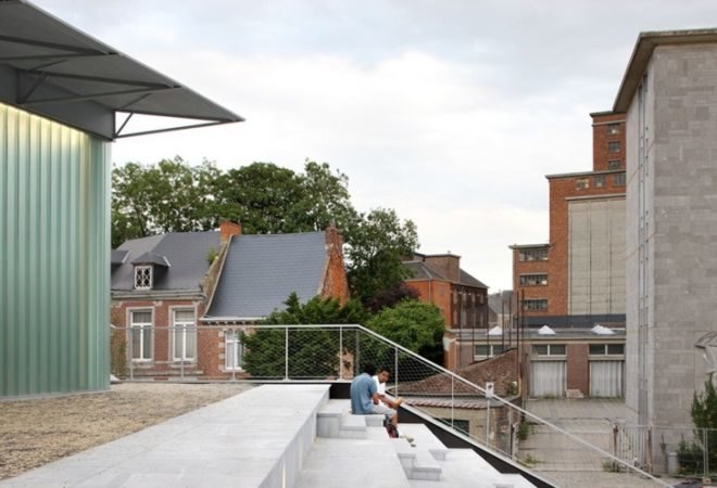 Belgium public plaza, local building materials, L’Escaut Architects, BE Weinand, green building, eco building, belgium green building, green roof, public space, green performance hall, eco public space, contemporary green design,