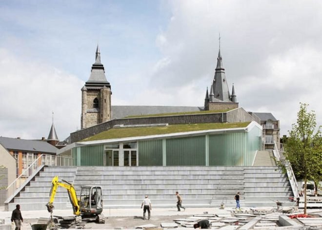 Belgium public plaza, local building materials, L’Escaut Architects, BE Weinand, green building, eco building, belgium green building, green roof, public space, green performance hall, eco public space, contemporary green design,