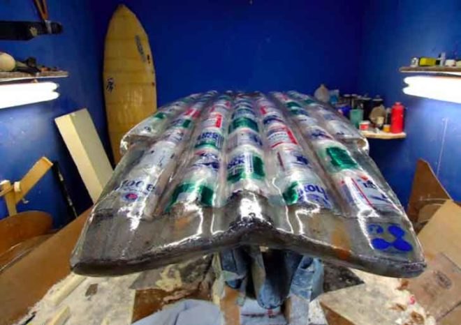 Rich Morrison, Beer Can Surfboard, Enviro Surf Art Series, Gary Seagrave surfboard, upcycled surboard, beer can surfboard, recycled surfboard, eco-friendly art