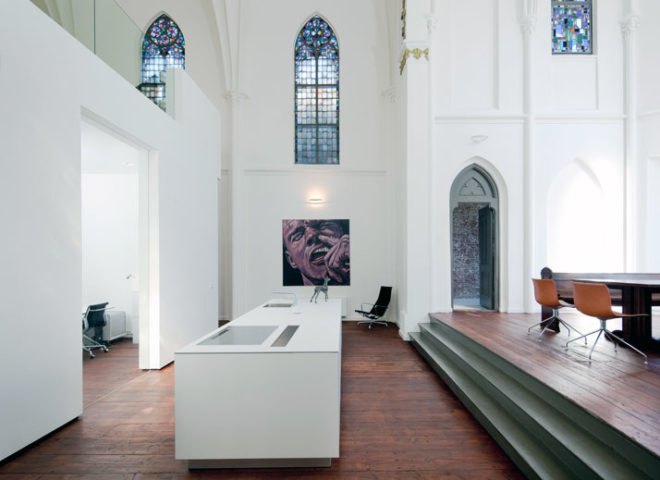Zecc Architecture, Utrecht, Netherlands, converted church, repurposed church, stained glass, green design, eco design, sustainable design, historical preservation, modular architecture, St. Jakobus