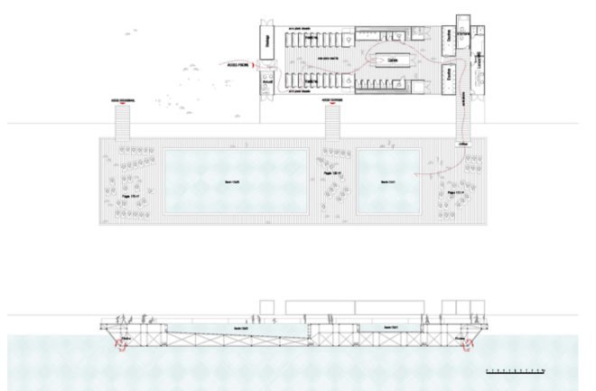 green design, eco design, sustainable design, cargotecture, floating pool, barge pool, repurposed barge, shipping containers, Bordeaux, France, 2:pm Architecture, water filtration system, River Garonne