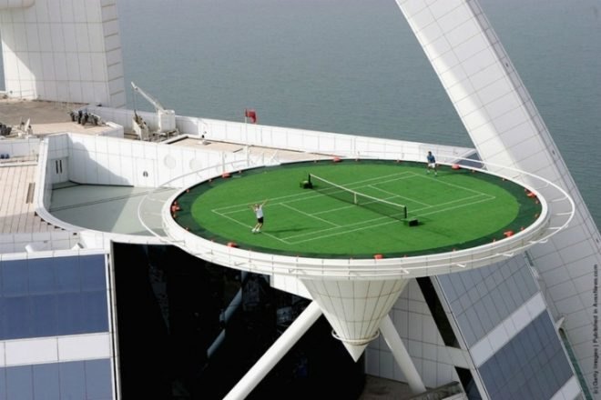 Burj Al Arab, Tennis Court, green roof, world's highest tennis court, andre agassi, green design, roger federer