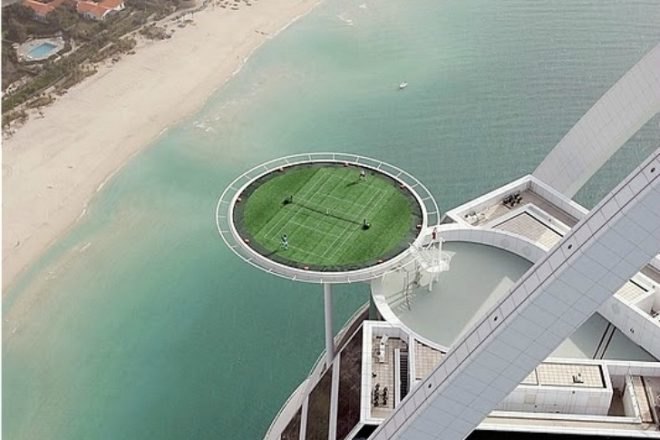 Burj Al Arab, Tennis Court, green roof, world's highest tennis court, andre agassi, green design, roger federer