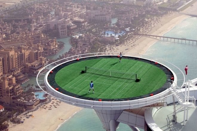 Burj Al Arab, Tennis Court, green roof, world's highest tennis court, andre agassi, green design, roger federer