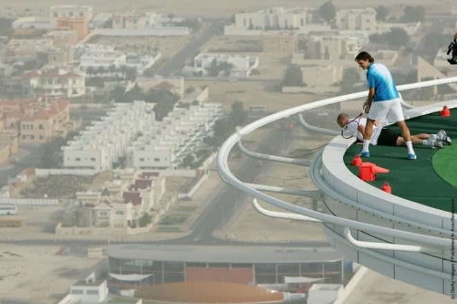 Burj Al Arab, Tennis Court, green roof, world's highest tennis court, andre agassi, green design, roger federer