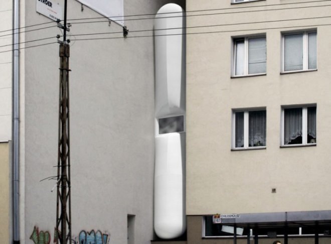 green design, eco design, sustainable design, hanging building, Centrala, narrowist building in Warsaw, Etger Keret