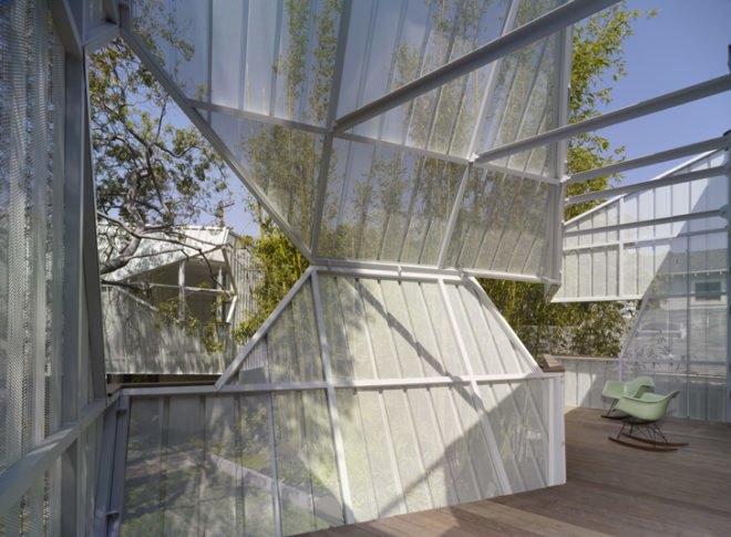 green design, eco design, sustainable design, Daly Genik, Palms House, Venice, California, Perforated metal screens, sunshades, inner courtyard, solar panels, radiant heat floor
