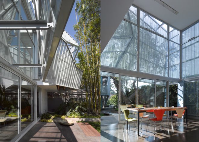 green design, eco design, sustainable design, Daly Genik, Palms House, Venice, California, Perforated metal screens, sunshades, inner courtyard, solar panels, radiant heat floor