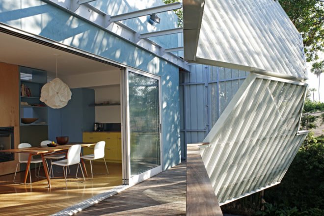 green design, eco design, sustainable design, Daly Genik, Palms House, Venice, California, Perforated metal screens, sunshades, inner courtyard, solar panels, radiant heat floor