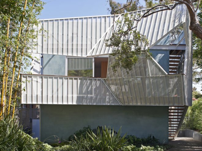 green design, eco design, sustainable design, Daly Genik, Palms House, Venice, California, Perforated metal screens, sunshades, inner courtyard, solar panels, radiant heat floor