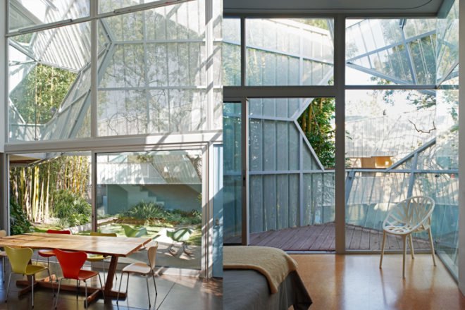 green design, eco design, sustainable design, Daly Genik, Palms House, Venice, California, Perforated metal screens, sunshades, inner courtyard, solar panels, radiant heat floor