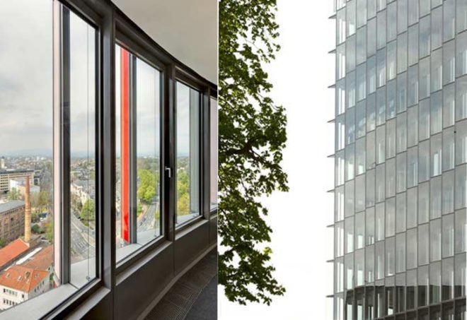 eco building, green design, KWh per square foot, automated windows, underfloor HVAC, Sauerbruch Hutton, natural ventilation, KfW headquarters, naturally cooled building, eco tower, green office building, greman green office, worlds most efficient building