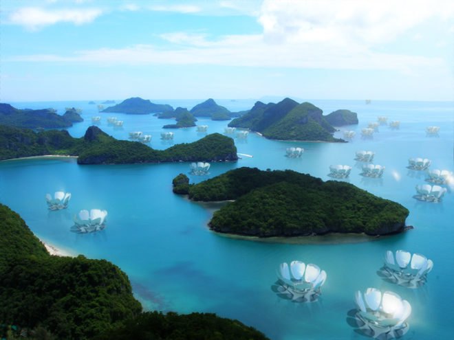 green design, eco design, sustainable design, Berlin, floating island, artificial island, solar power, Phuket, THailand, Aedes am Pfefferberg, The Why Factory, “Water- Curse or Blessing",