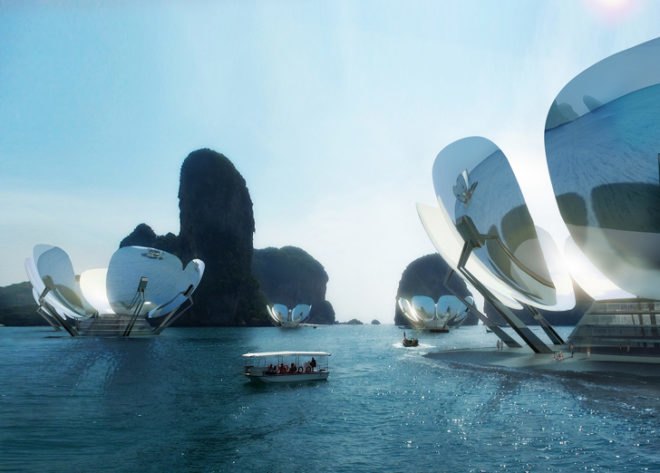 green design, eco design, sustainable design, Berlin, floating island, artificial island, solar power, Phuket, THailand, Aedes am Pfefferberg, The Why Factory, “Water- Curse or Blessing",