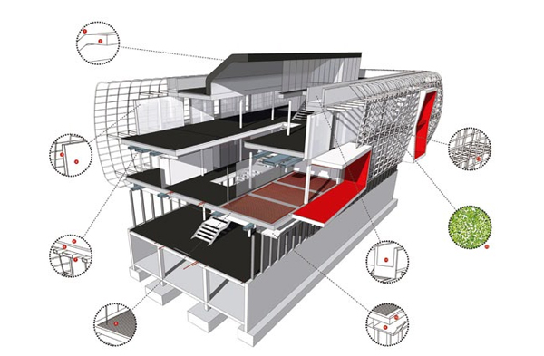 green design, eco design, sustainable design, Noain City Hall, Zon-e Architects, metal exoskeleton, natural light, passive architecture, energy saving architecture, radiant floor, geothermic energy