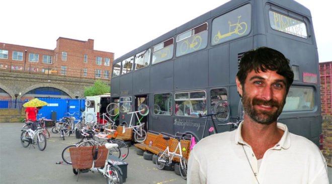 the bicycle library, bicycle library, bike library, bike rental, green design, eco design, sustainable design, green architecture, eco architecture, rent a bike, repurposed double decker bus, recycled double decker bus, karta healy