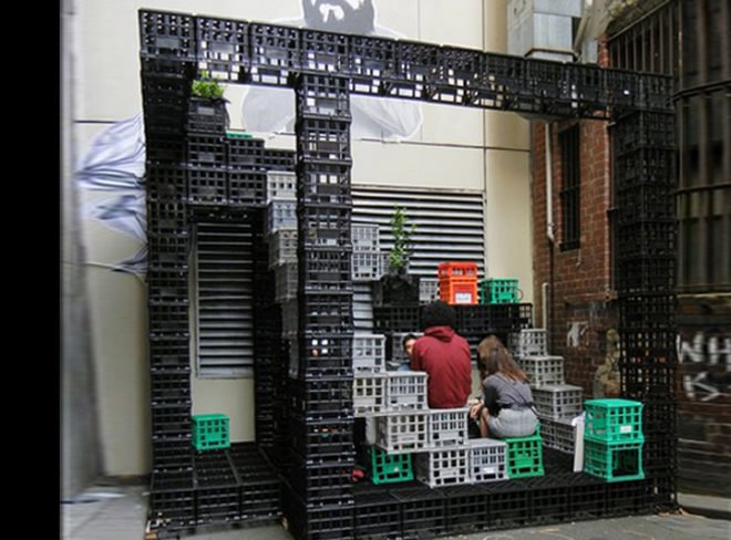 cityleaks, city leaks, urban playground, temporary pavilion,eco architecture, play mo, playmobile, green design, urban design, playmobil, eco design, milk crates, recycled crates, crate architecture, sustainable design