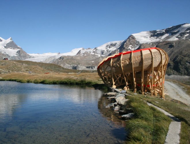 wooden structure, zermatt, switzerland, matterhorn, viewing structure, spiraling structure, alice studios, sustainable design, green design, green architecture