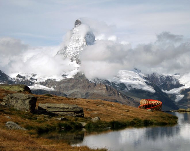 wooden structure, zermatt, switzerland, matterhorn, viewing structure, spiraling structure, alice studios, sustainable design, green design, green architecture