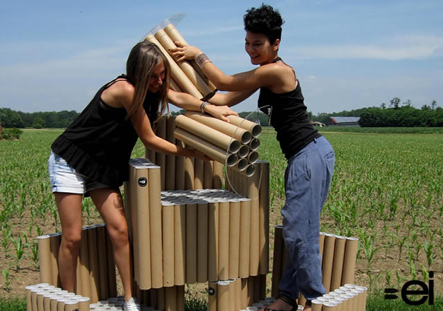 Cardboard creations, cardboard furniture, green furniture, green chairs, sustainable furniture, recyclable cardboard tubes, FanTubes, Paola Argine, Cristina Alzati, Double-ei, cardboard tube furniture
