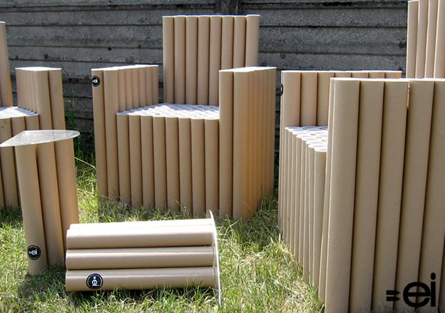 Cardboard creations, cardboard furniture, green furniture, green chairs, sustainable furniture, recyclable cardboard tubes, FanTubes, Paola Argine, Cristina Alzati, Double-ei, cardboard tube furniture