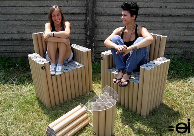 Cardboard creations, cardboard furniture, green furniture, green chairs, sustainable furniture, recyclable cardboard tubes, FanTubes, Paola Argine, Cristina Alzati, Double-ei, cardboard tube furniture