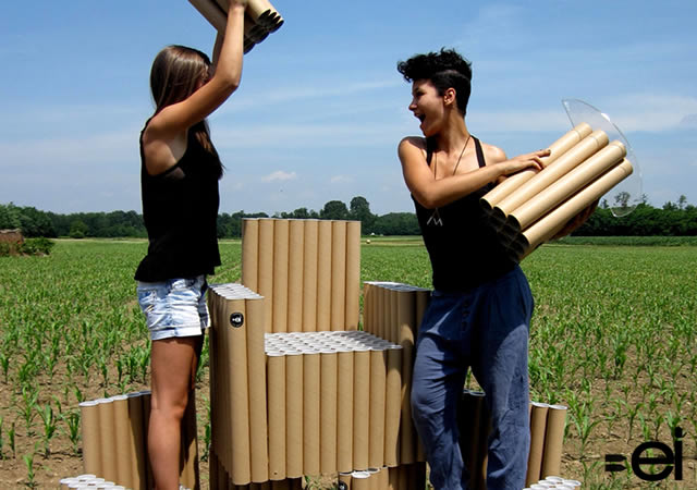 Cardboard creations, cardboard furniture, green furniture, green chairs, sustainable furniture, recyclable cardboard tubes, FanTubes, Paola Argine, Cristina Alzati, Double-ei, cardboard tube furniture