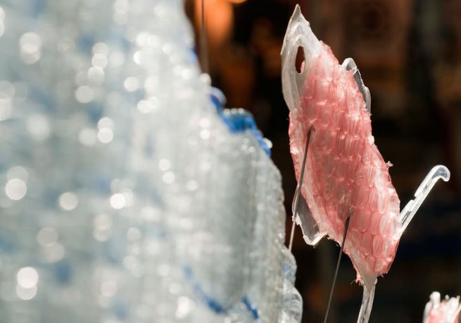 Montreal's Eaton Centre Mall, mall art, eco art, recycled art, green art, recycled materials, recycled material sculptures, eco art installations, Roadsworth, Brian Armstrong, art Fragile, recycled water bottles, trash art