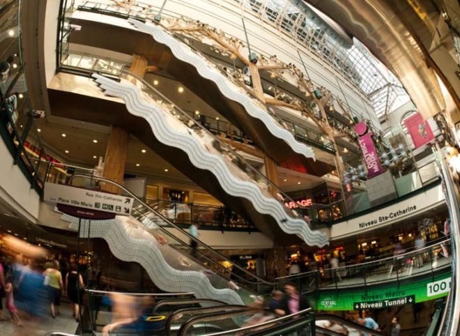Montreal's Eaton Centre Mall, mall art, eco art, recycled art, green art, recycled materials, recycled material sculptures, eco art installations, Roadsworth, Brian Armstrong, art Fragile, recycled water bottles, trash art