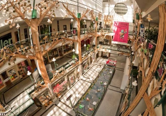Montreal's Eaton Centre Mall, mall art, eco art, recycled art, green art, recycled materials, recycled material sculptures, eco art installations, Roadsworth, Brian Armstrong, art Fragile, recycled water bottles, trash art