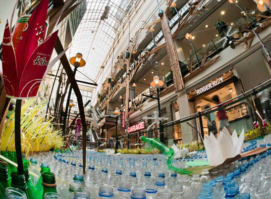 Montreal's Eaton Centre Mall, mall art, eco art, recycled art, green art, recycled materials, recycled material sculptures, eco art installations, Roadsworth, Brian Armstrong, art Fragile, recycled water bottles, trash art