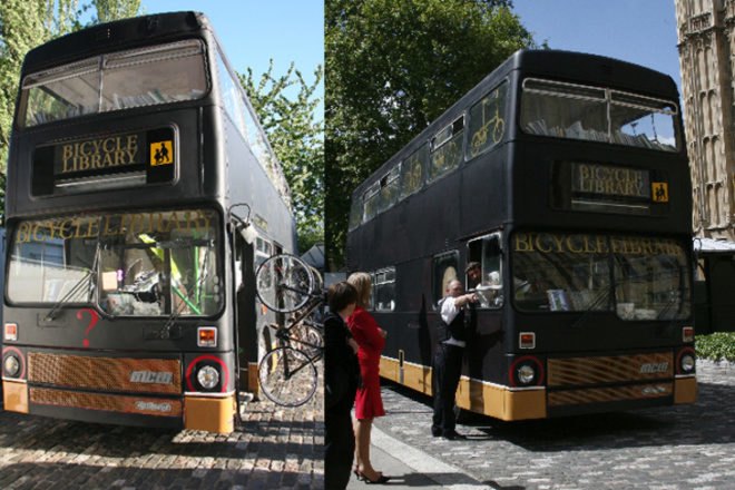 the bicycle library, bicycle library, bike library, bike rental, green design, eco design, sustainable design, green architecture, eco architecture, rent a bike, repurposed double decker bus, recycled double decker bus, karta healy