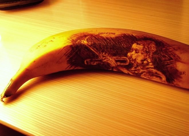 Jun Gil Park, green design, eco design, eco friendly, environmental design, Dizzie Gillespie, buena vista social club, australia, sustainable design, sustainable living, green living, eco habitat, eco conscious, biodegradable, biodegradable art, banana art, bananas, toothpicks, etching, live art, oxidation