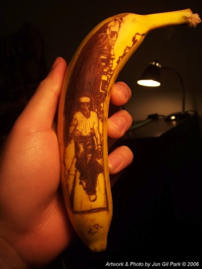 Jun Gil Park, green design, eco design, eco friendly, environmental design, Dizzie Gillespie, buena vista social club, australia, sustainable design, sustainable living, green living, eco habitat, eco conscious, biodegradable, biodegradable art, banana art, bananas, toothpicks, etching, live art, oxidation