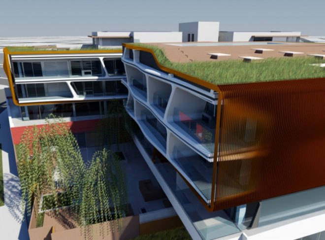 green design, eco design, sustainable design, Venice Beach, Abbot Kinney, Belzberg Architects, Green Concept Design Award, Ecotourism, Eco-hotel, Eames Studio, green roof, recycled roof, recycled fiber board, Hotel Ray