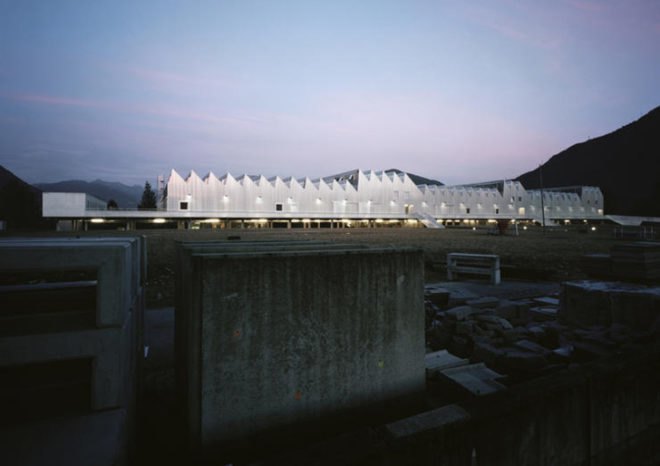 green design, eco design, sustainable design, Gordola, Switzerland, Durisch Nolli, SSIC Complex, mountains, stilted building, sawtooth roof, skylight