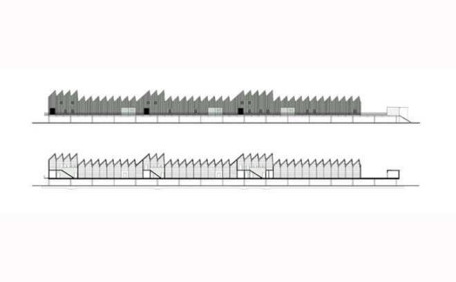 green design, eco design, sustainable design, Gordola, Switzerland, Durisch Nolli, SSIC Complex, mountains, stilted building, sawtooth roof, skylight